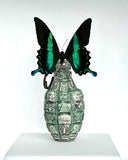 Grenade Sculpture with Green Ulysses Butterfly
